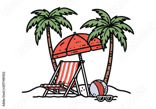 Beach vector illustration with lounge chair and umbrella