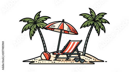 Beach vector illustration featuring lounge chair and palm trees