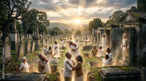 Man and woman rising from grave in cemetery at sunrise. Biblical resurrection of believer in heaven. Spiritual awakening and eternal life concept. Religious scene of souls ascending.