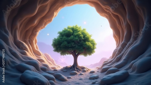 Solitary tree standing in rocky canyon tunnel with soft golden light and misty atmosphere