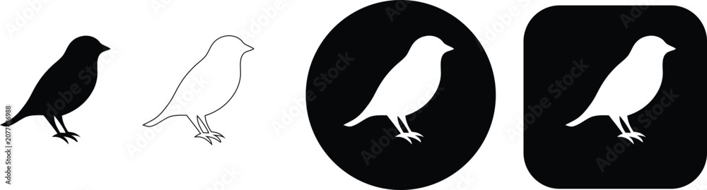 Fototapeta premium Collection of four bird in black and white, featuring a small bird standing in silhouette, outline, and button styles