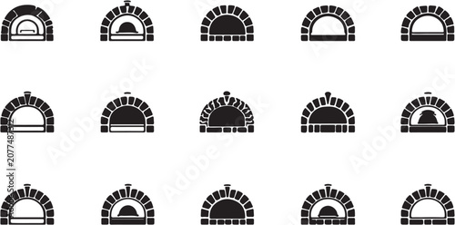 Collection of black and white brick oven icons.