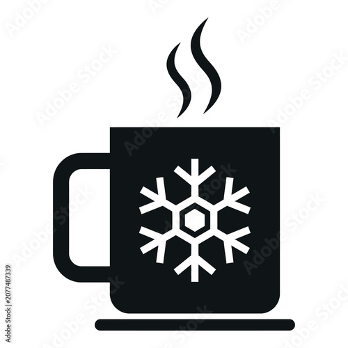 Black mug with snowflake design and steam rising  winter hot drink concept icon