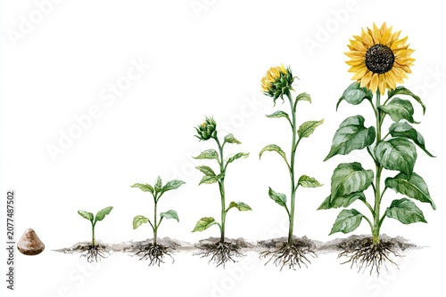 Sunflower growth stages from seed to full bloom, illustrating life cycle