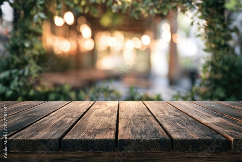 Rustic wooden table in sunlit garden cafe with bokeh lights