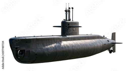 Schilderij op canvas Dark gray submarine with antennas and fins
