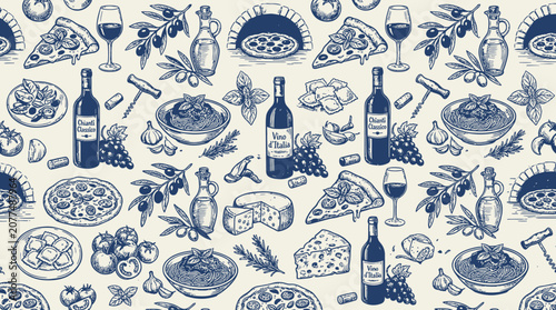 Seamless pattern with Italian food sketches.