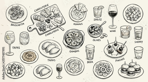 Sketched assortment of appetizers and tapas with text labels.