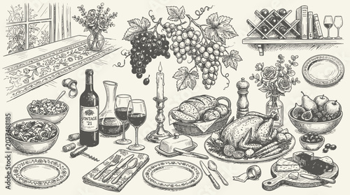 Vintage black and white feast table with roast poultry.