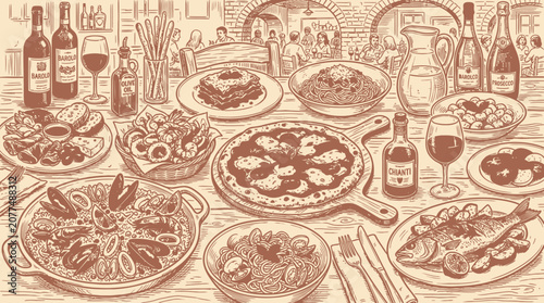 Vintage style sketch of diverse Italian dinner plates.
