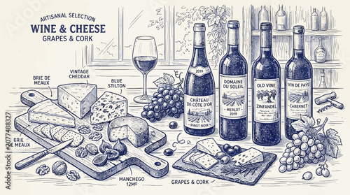 Vintage wine bottles and cheese board sketch illustration.