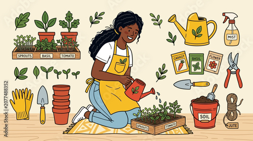 Woman gardening with potted plants and garden tools illustration.
