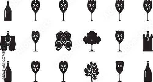 Foto Black and white wine and vineyard icon set.