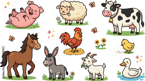 Cute Farm Animals Vector Icon Set Featuring Cartoon Cow, Horse, Pig, Sheep, Donkey, Rooster, Goat, Duck, and Chick Illustrations