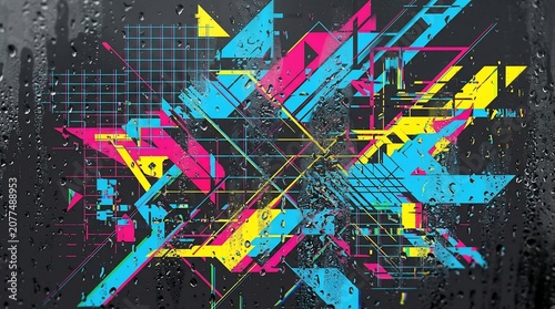 Abstract geometric pattern with colorful shapes and raindrops on dark background