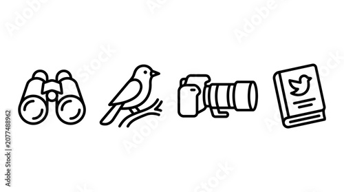 Obraz na płótnie Birdwatching Icons: Binoculars, Bird, Camera, Field Guide - Line Art
