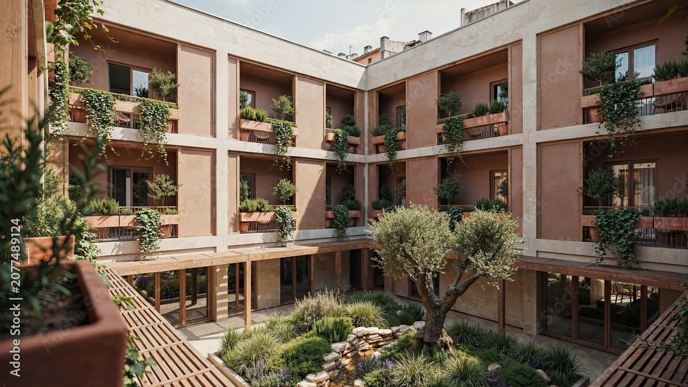 Fototapeta premium Courtyard apartment complex features a central garden space with lush greenery and multiple levels of balconies.