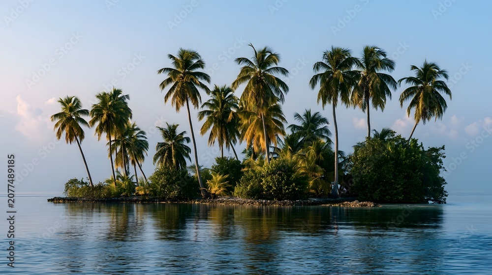 Fototapeta premium Vibrant tropical island landscape featuring palm trees bathed in early morning light creating a serene and calm atmosphere