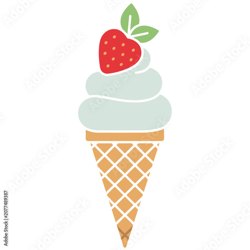 Flat illustration of ice cream cone with strawberry