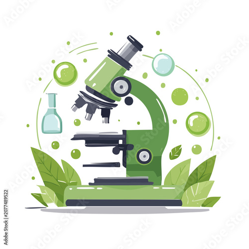 Green flat illustration of a microscope with lab elements