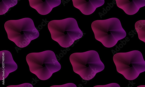 Abstract wavy shapes pattern on black background with seamless, abstract