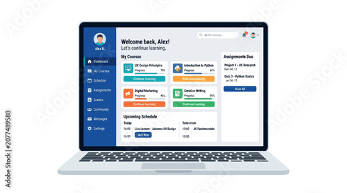 Laptop screen showing online learning platform dashboard with courses and assignments