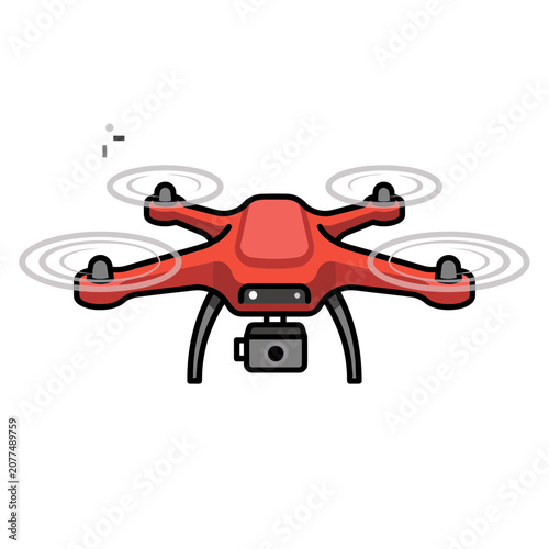 Red quadcopter drone with camera front view vector