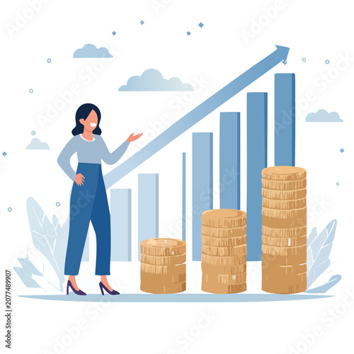 Woman pointing at rising bar chart and coins