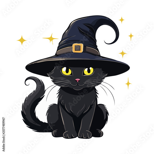 Black cat wearing witch hat cartoon vector