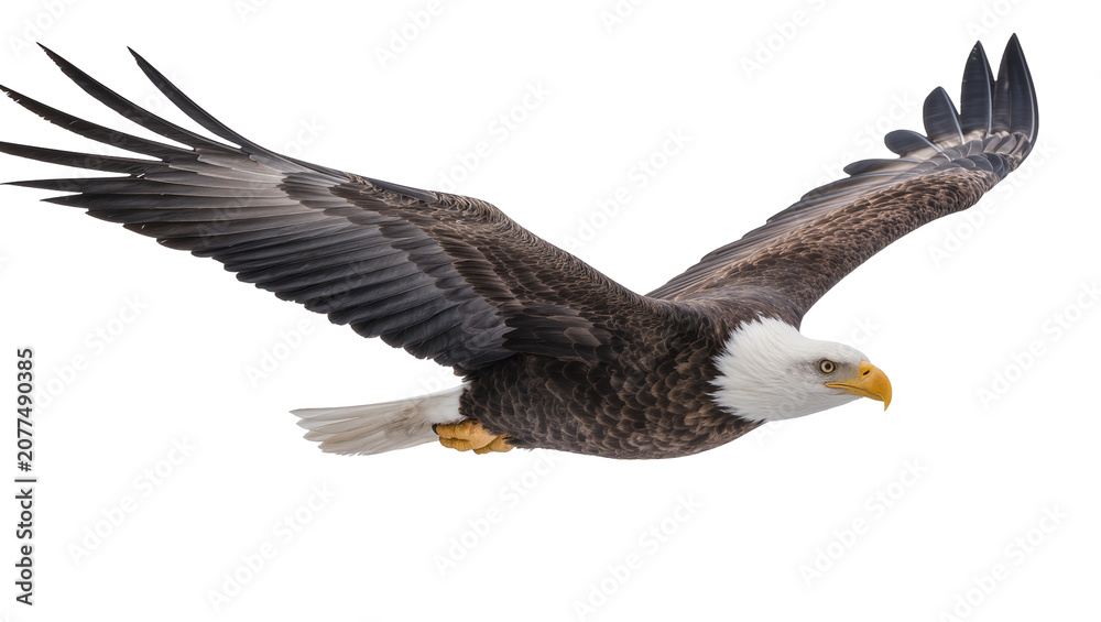 Fototapeta premium Bald eagle in flight with wings spread wide