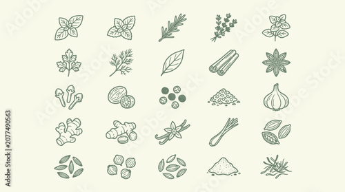 Картината върху платно Collection of hand-drawn spice and herb icons, perfect for culinary and gastronomic themes