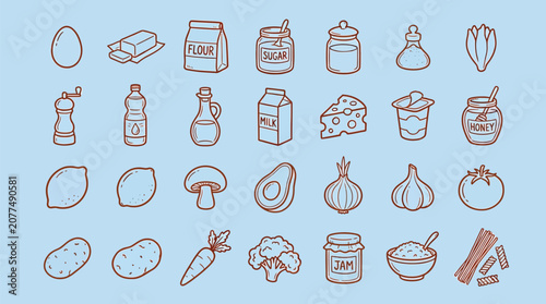 Konstfotografi Collection of hand-drawn food ingredients and kitchen items on a light blue background
