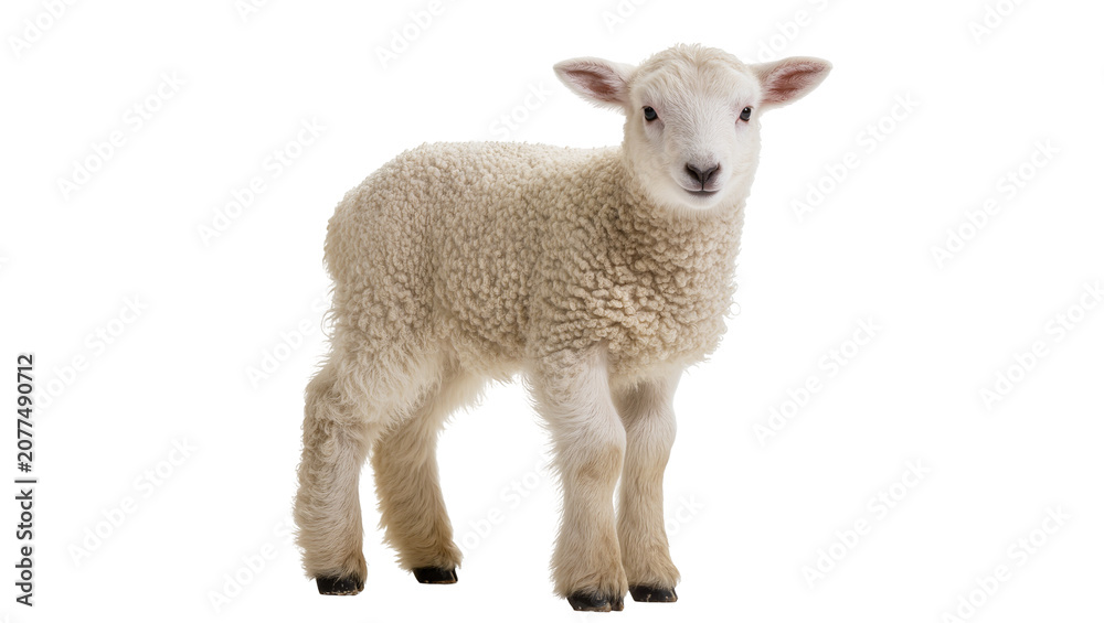 Fototapeta premium Young fluffy lamb standing on white