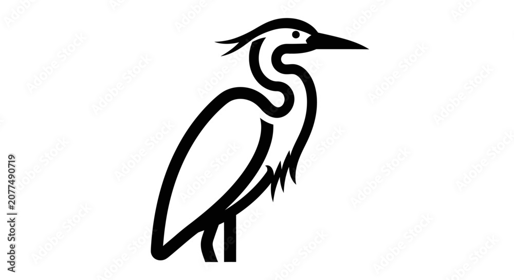 Obraz premium Black line drawing of a heron bird profile minimalist vector illustration