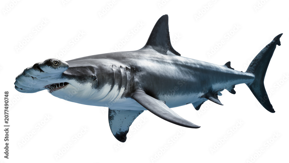 Fototapeta premium Great Hammerhead Shark swimming side view, detailed skin texture