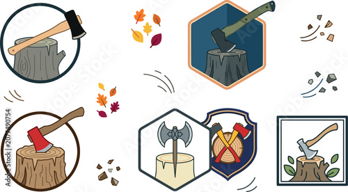 Axe and Tree Stump Emblem Vector Set Featuring Lumberjack Wood Cutting Badges and Autumn Forestry Industry Logo Designs