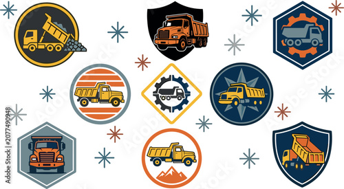 Dump Truck Emblem and Badge Vector Collection Featuring Construction Tipper Vehicles, Shields, and Geometric Frames for Logistics Branding