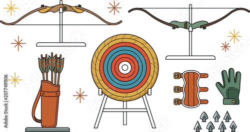 Archery Equipment Vector Illustration Set Featuring Traditional Bows, Arrows, Quiver, Target Stand, Arm Guard, Glove, and Broadheads
