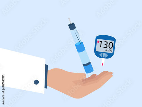 Hand managing diabetes with insulin pen and glucometer