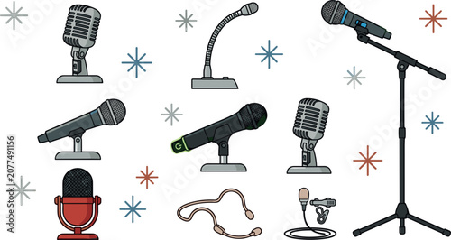 Microphone Vector Illustration Set Featuring Vintage, Studio, Podcast, Lavalier, Gooseneck, and Stage Mic Icons for Audio Recording Media Designs