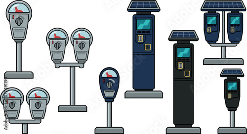 Parking Meter Vector Illustration Set Featuring Traditional Coin Operated and Modern Solar Powered Street Parking Pay Station Icons