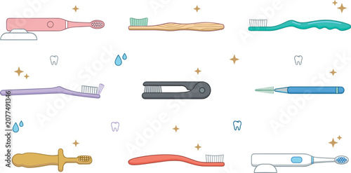 Toothbrush Vector Illustration Set Featuring Electric, Bamboo, Plastic, Interdental, and Kids Dental Care Products for Oral Hygiene Designs