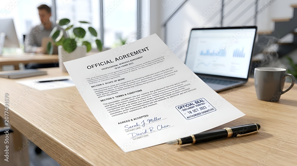Obraz premium Official Agreement Document with Pen on Desk, Laptop and Person Working