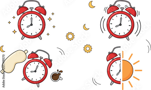 Red Alarm Clock Vector Icon Set Representing Morning Routine, Waking Up, Sleep Schedule, and Time Management Concept Illustrations