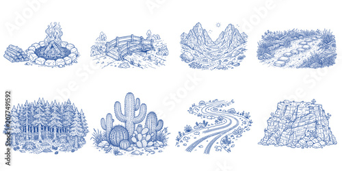 Outdoor Adventure Landscape Graphic Elements Collection with Campfire Mountain Pass Forest River and Desert Terrain