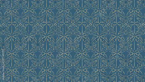 Obraz na plátně Intricate vintage damask pattern in muted blue and gold, featuring symmetrical floral and organic motifs for a classic background
