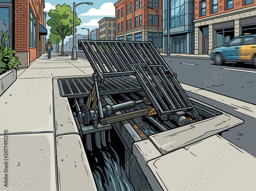 Cuadro en lienzo An illustrated urban scene showcases an automated drain grate mechanism