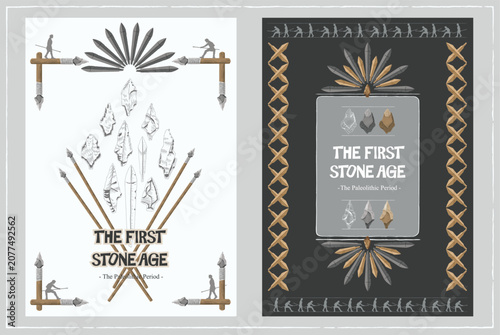 Korean Paleolithic Tanged Point Stone Spear Prehistoric Book Cover and Poster Layout Template Vector Graphic Set