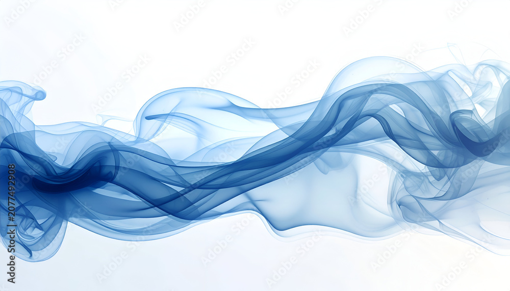 Fototapeta premium Abstract flowing wisps of translucent blue smoke against a white background