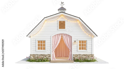 White barn with pink curtains and string lights isolated on transparent background
